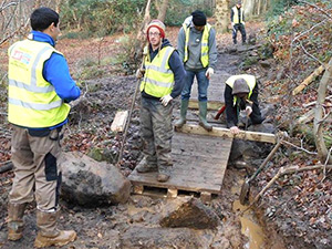 People building a small bridge