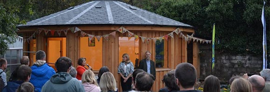 The crowd at the opening of the roundhouse at Hollybush Conservation Centre