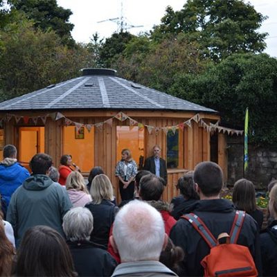 The crowd at the opening of the roundhouse at Hollybush Conservation Centre