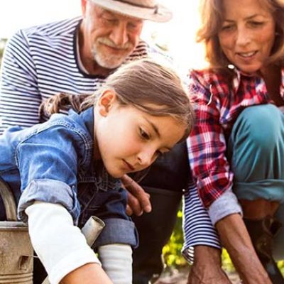 Two older people and a child gardening