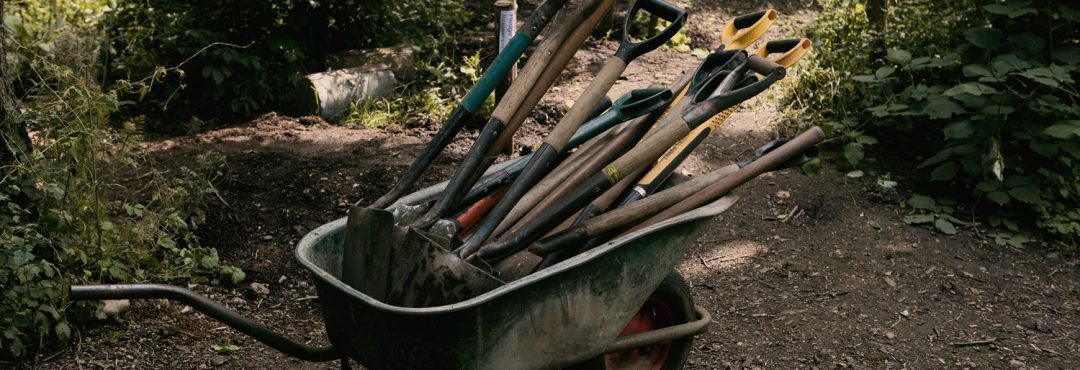 Wheelbarrow with spades in woodland