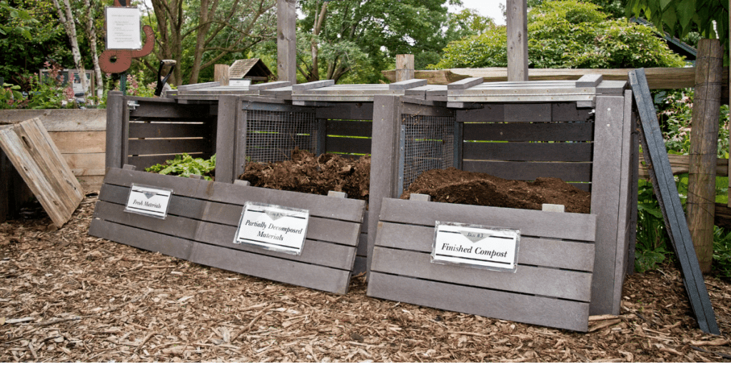 Composting bays demonstrating various stages of composting