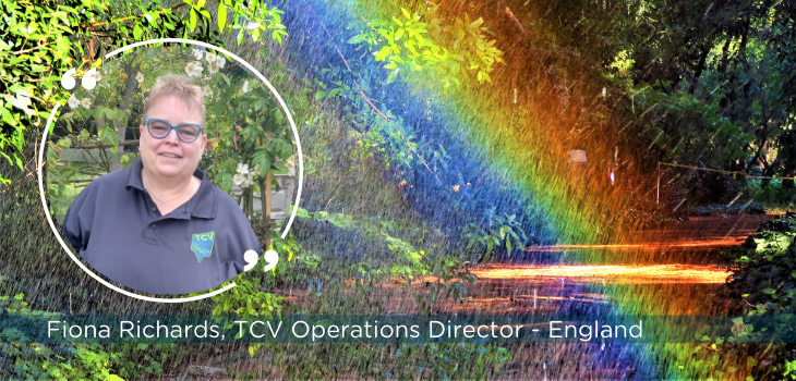 Fiona Richards – TCV Operations Director for England with rainbow background