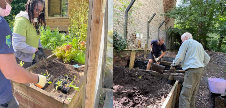 Two images in a collage. The image on the left shows two people stood over a tall flower bed, they are digging in the dirt and working with plants.

The image on the right shows two people stood next to compost beds, they are holding shovels and are turning the compost from one section to another.