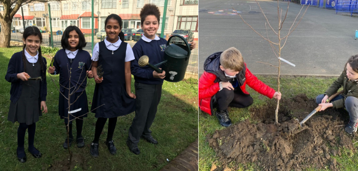 A collage of 2 images. The image on the left shows 4 primary school-aged children stood smiling at the camera, stood behind a newly planted tree. They are each holding a piece of gardening equipment. 

The image on the right shows 2 primary school-aged children planting a tree in the ground. 