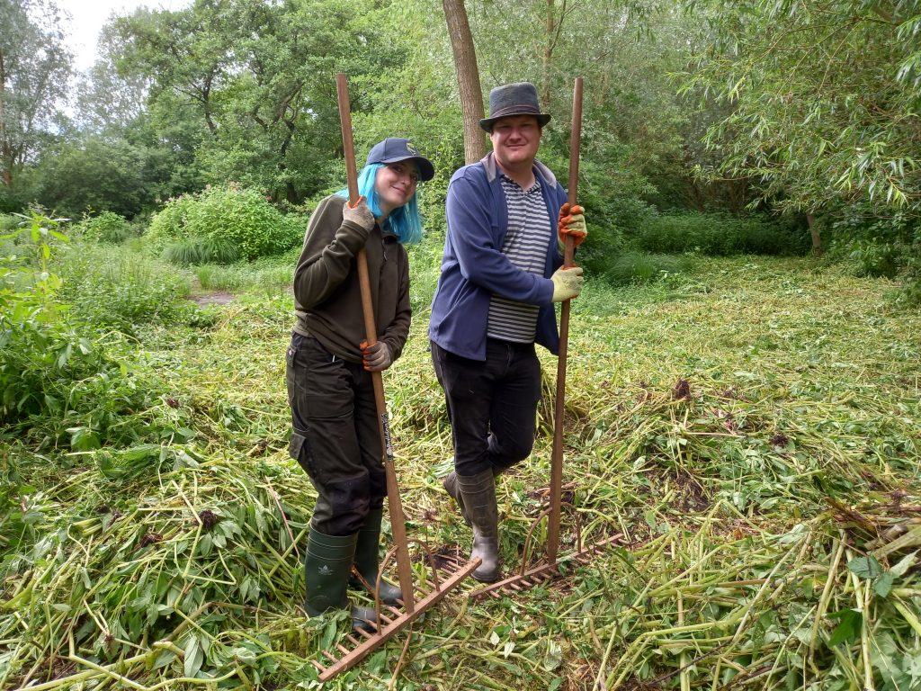 TCV volunteers Daisy and Henri helping to clear Himalayan Balsam from woodland around a farm pond