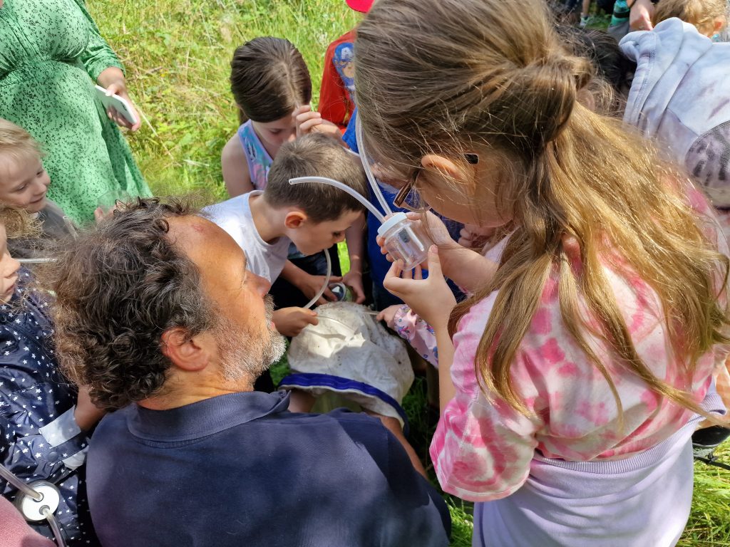 Man showing a group of children some mini beasts