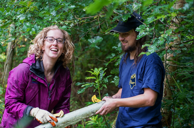 Minister for Green Skills, Circular Economy and Biodiversity Lorna Slater and TCV volunteer in woodland