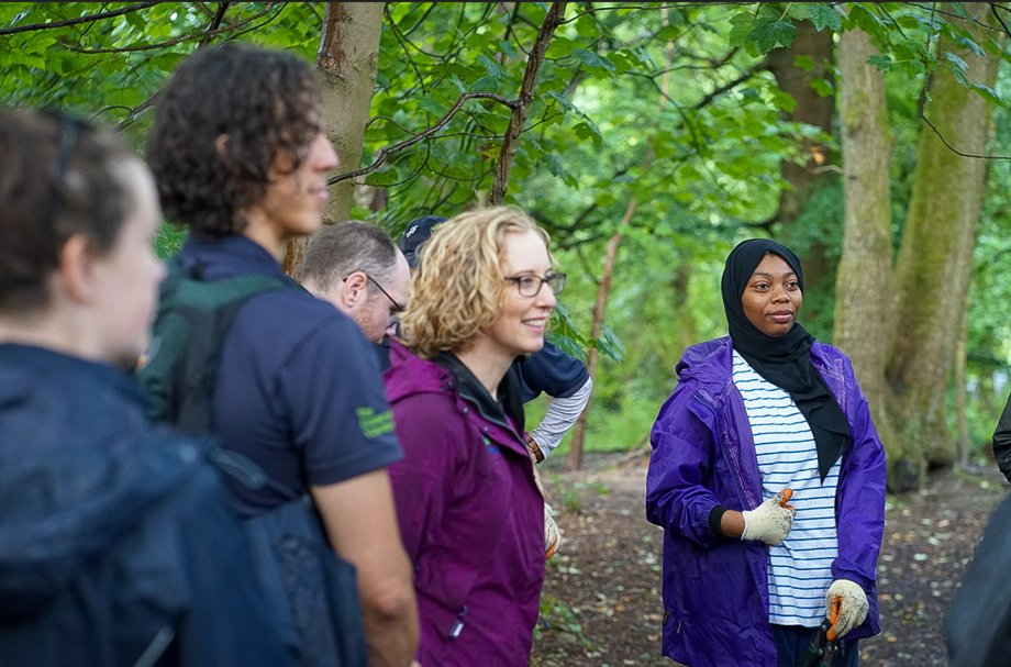 Minister for Green Skills, Circular Economy and Biodiversity Lorna Slater and TCV volunteers in woodland