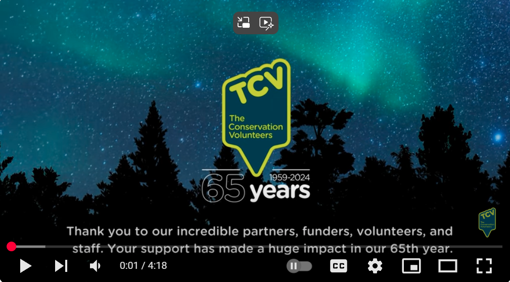 Starry night sky with silhouette trees, containing TCV's logo. 