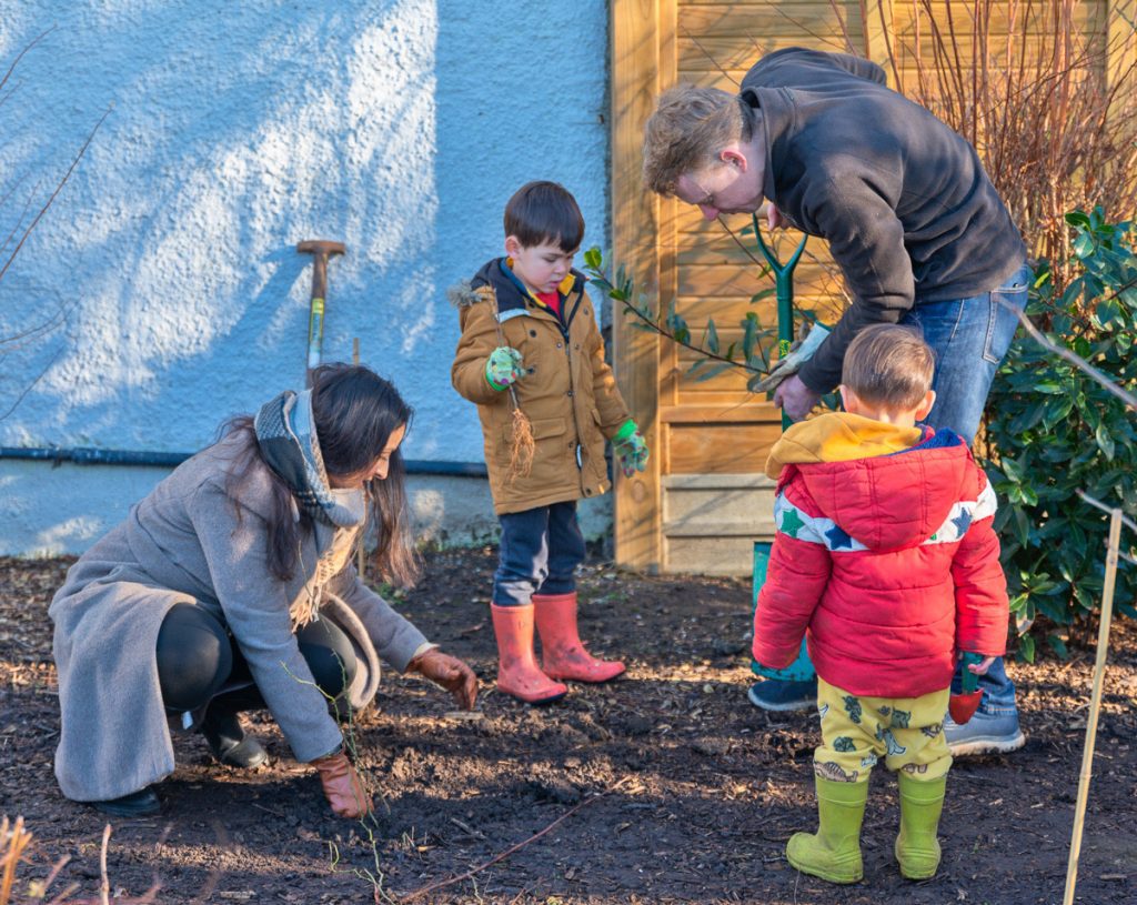 A man and a woman with two children enjoying time together, planting trees in a community garden.