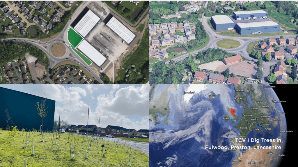 A collage of images, including the planting location shape file from the app and a snapshot from ground level