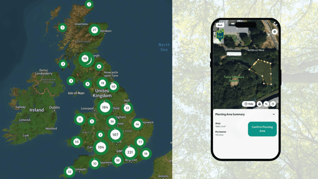 Collage of the I Dig Trees map of planting locations across the UK and a screenshot of a shape file of a planting location being added to the app