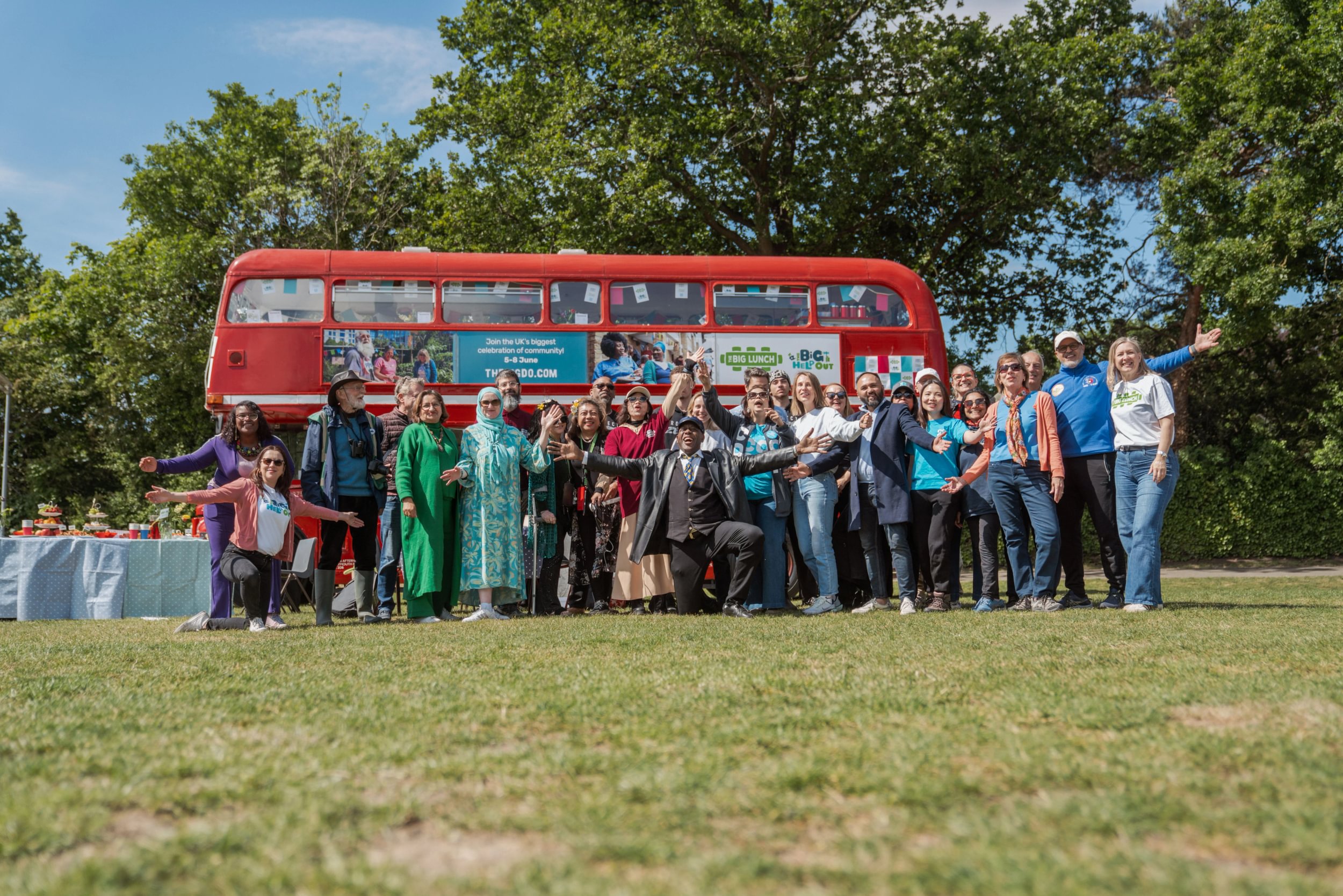 Ainsley Harriot with volunteers on a bus for The Big Help Out